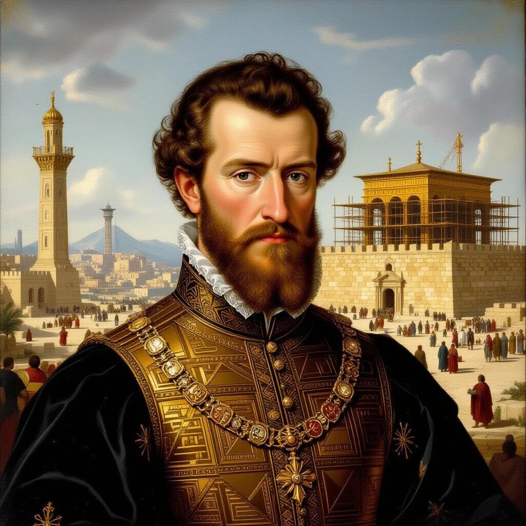Portrait of a man wearing a luxurious outfit decorated with gold and jewels. The background features a large temple under construction with towers in a distant cityscape. The scene depicts a bustling crowd and historical architecture, reflecting 16th-century artistry.