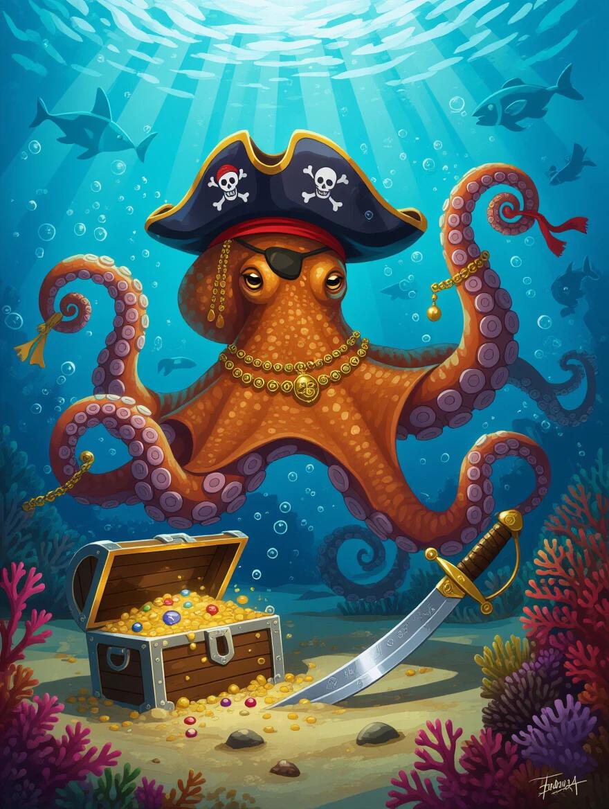 Giant Pacific octopus emerging from ocean depths with pirate accessories. Tricorn hats on tentacles. Eyepatches and gold jewelry. Grasping a sunken treasure chest and cutlass. Underwater scene with sunlight shafts and coral background. Fantasy adventure art style.