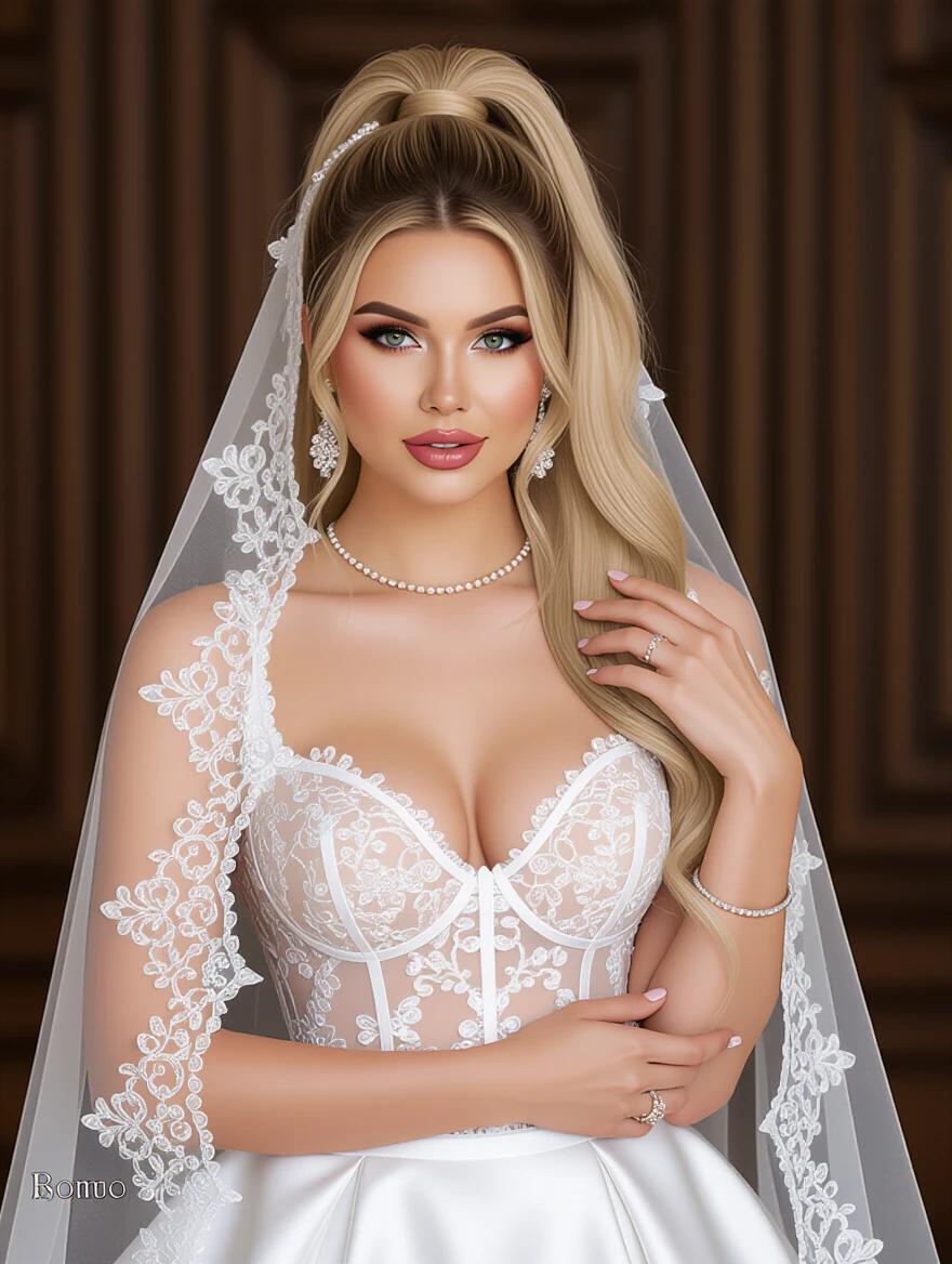 Elegant Asian bride wearing wedding lingerie. She is styled with flawless makeup and a high blonde ponytail. The setting is sophisticated with a soft background.