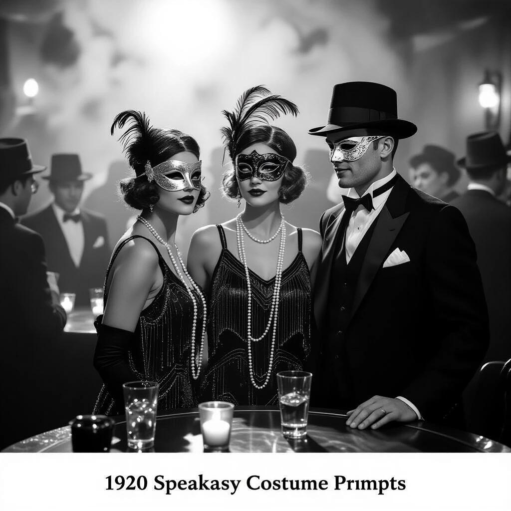 A scene from a 1920s speakeasy with people in vintage costumes. The atmosphere is filled with intrigue and elegance. The figures are adorned with masks and feathers. Glasses are filled with drinks on a table. The setting is smoky and lively.