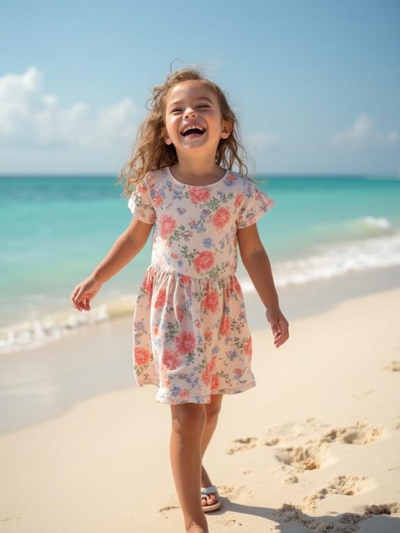Little girl smiling and walking on sandy beach wearing short cotton dress with floral print and sandals.