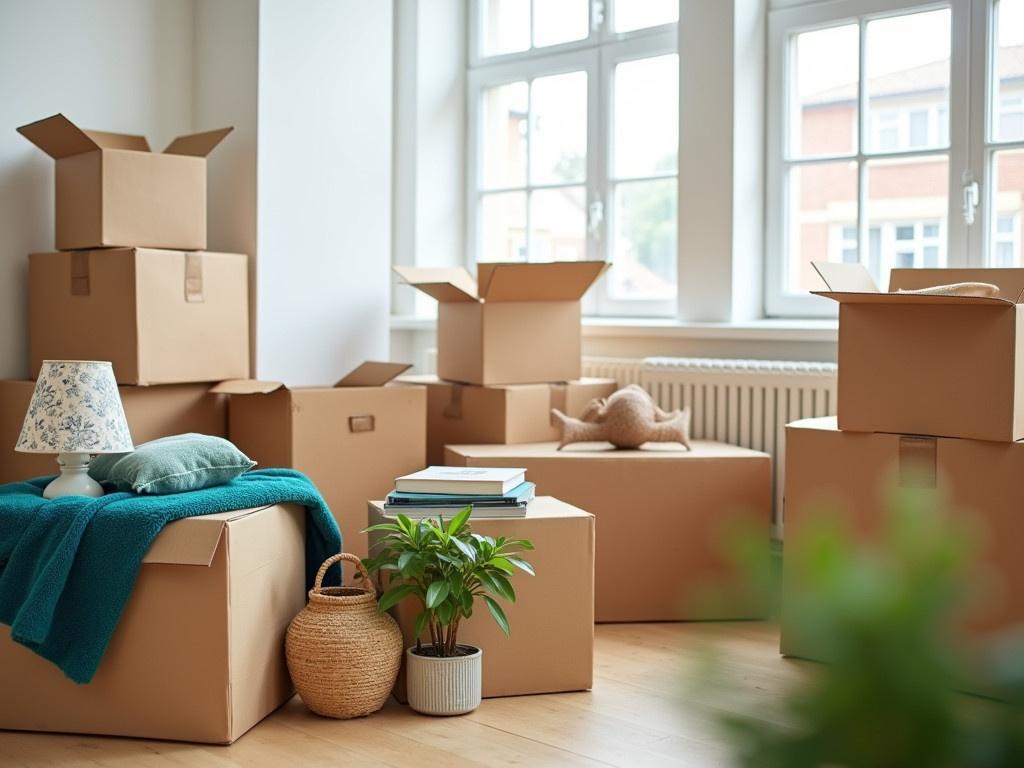 The image shows a bright and airy room filled with various cardboard boxes stacked haphazardly. The boxes are mostly brown, some are open and it looks like they contain a variety of items. Among the boxes, there is a teal blanket resting on one box, a few books lying on top of another, and decorative objects such as baskets and a patterned lamp shade. In the foreground, there’s a small green plant in a decorative pot, adding a touch of liveliness to the space. The walls are painted white and there are large windows allowing natural light to flood the room, giving it a fresh feel. The overall atmosphere suggests that someone has recently moved in and is in the process of unpacking.