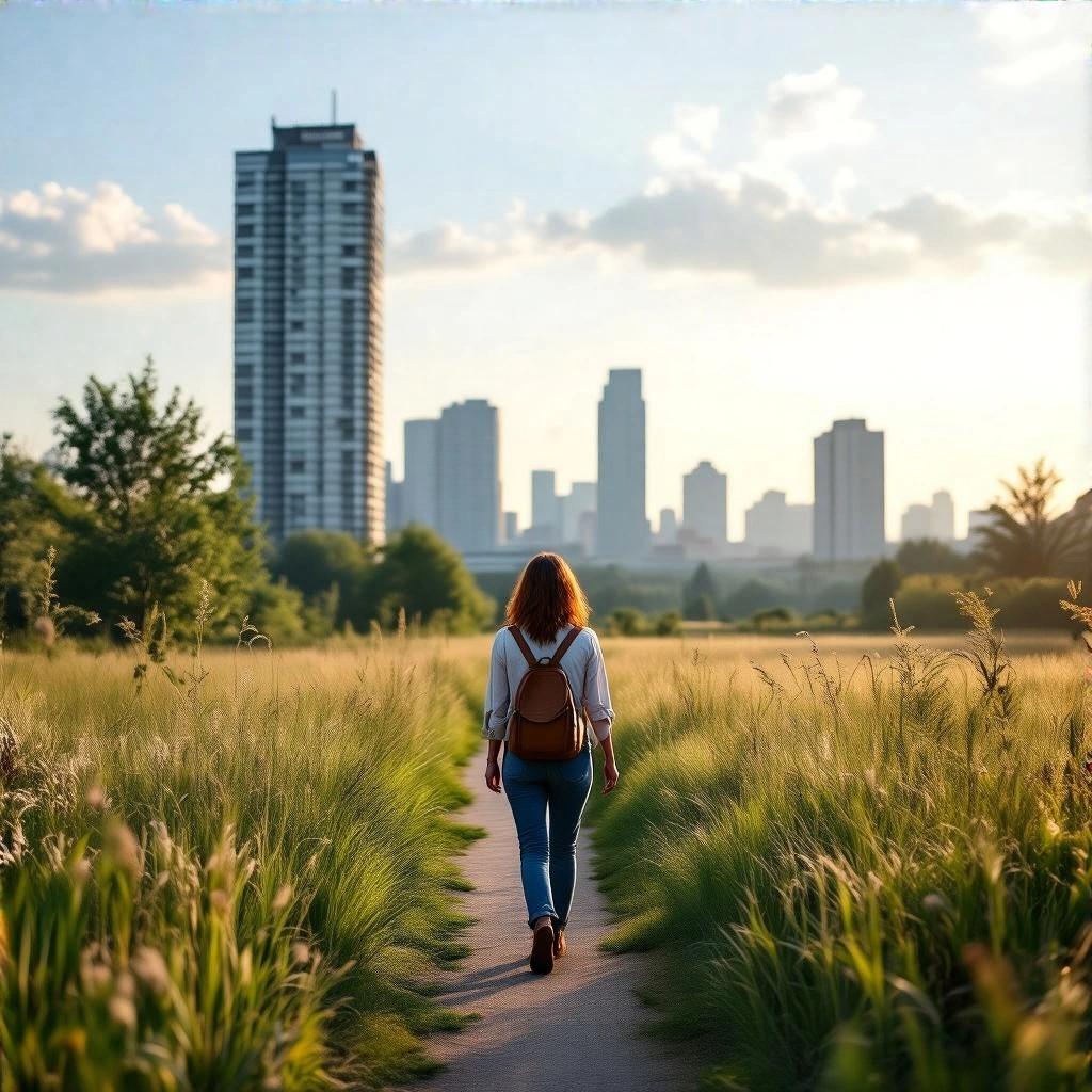 Woman walks down a grassy path facing tall city buildings. The scene captures a blend of nature and urban architecture during sunset.