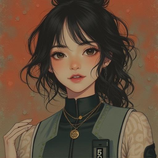 Close-up of a character with warm lighting and soft shadows. Realistic style. Attention to facial features and expression, detailed hair and accessories. Calm facial expression. Hands partially visible, showcasing natural pose.