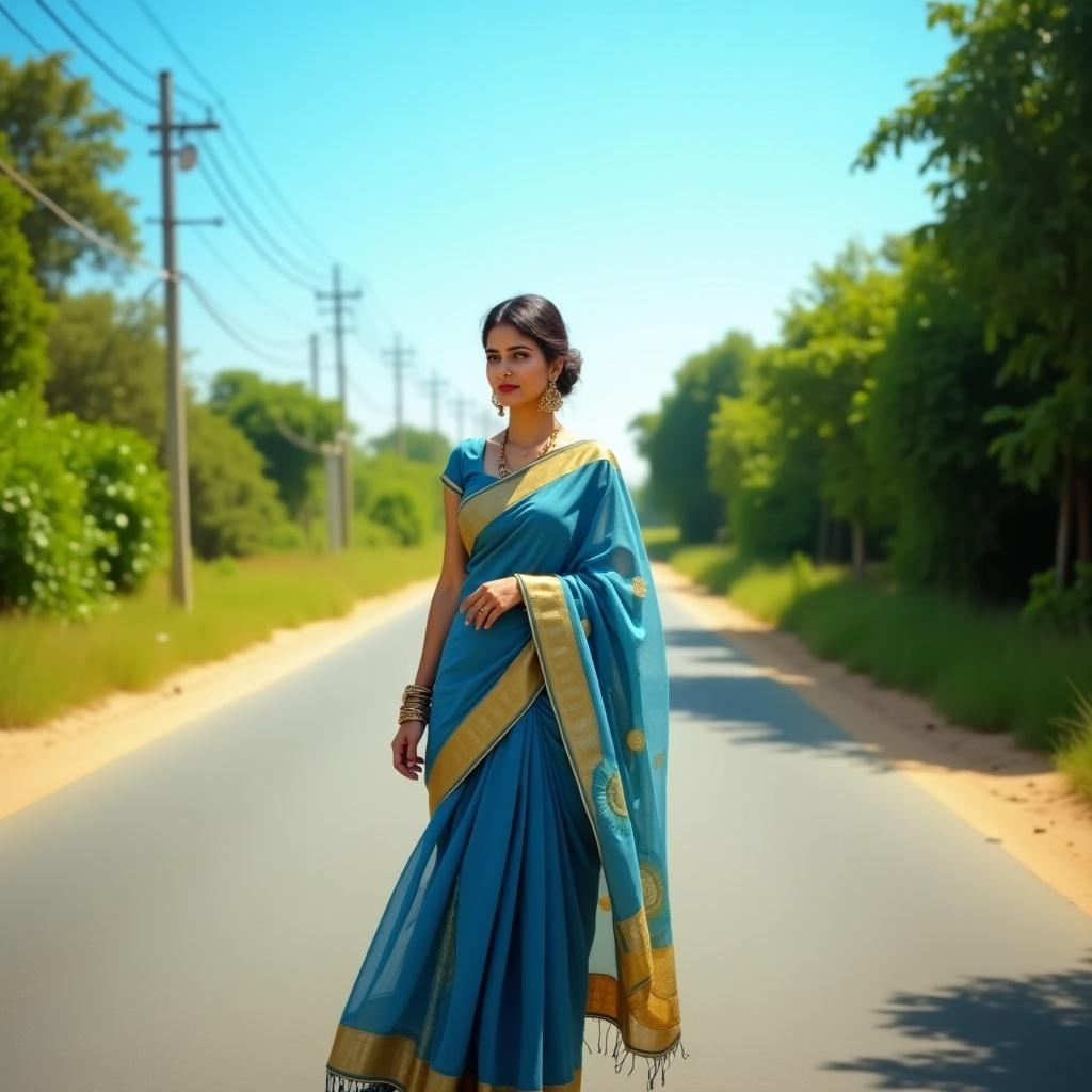 A woman stands gracefully in the middle of a sunlit road, draped in a vibrant blue and gold sari. The lush greenery surrounding her adds to the beauty of the scene as distant power lines create a contrast of modernity. The clear, azure sky above enhances the vibrant colors of her attire. This setting conveys a sense of tranquility and poise. The combination of natural beauty with cultural richness makes the image strikingly aesthetic. It invites viewers to appreciate the elegance of traditional clothing in a contemporary setting.