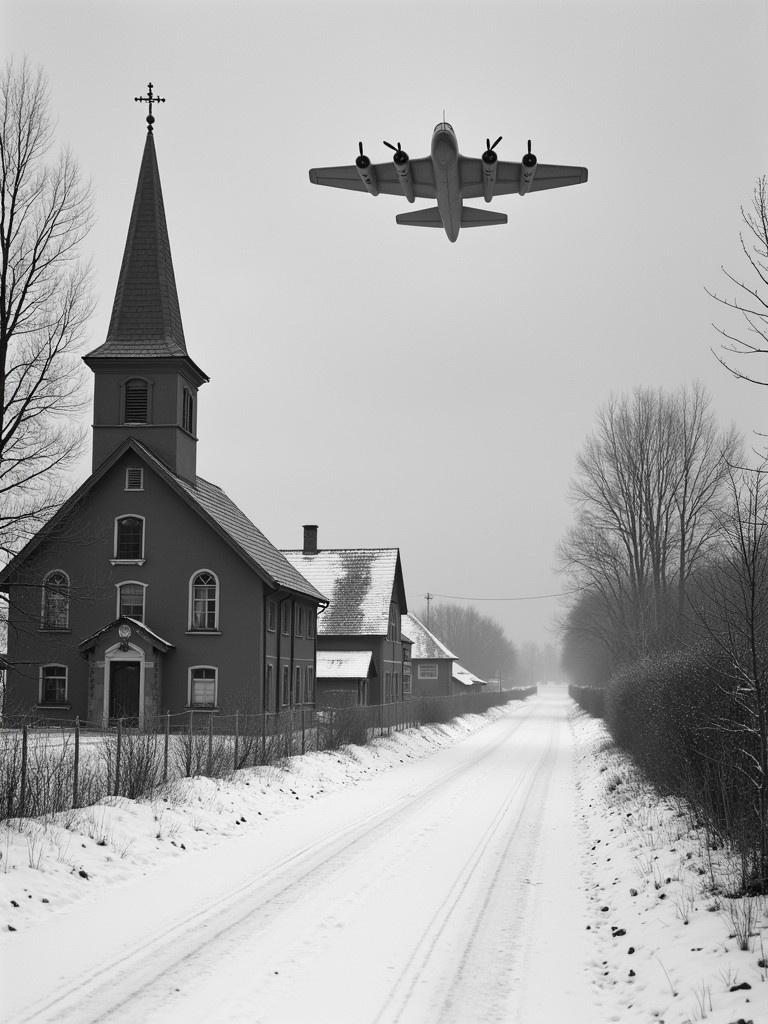 Image depicts winter scene in a village in Finland from 1939. Black and white aesthetic shows a church and houses with snow. An aircraft is flying overhead.