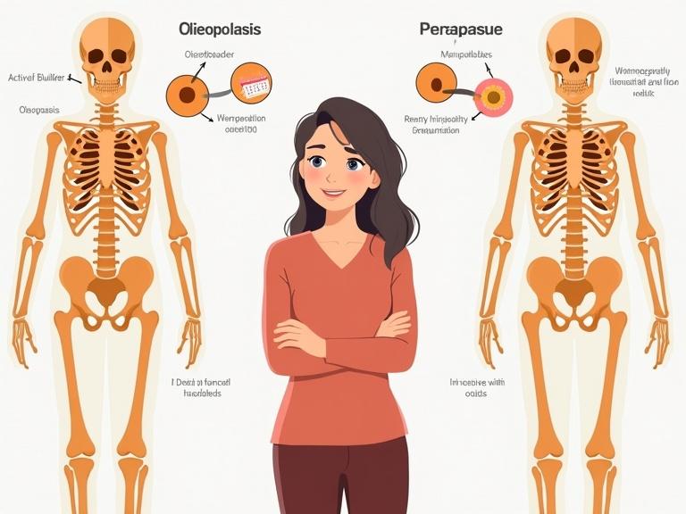 Create an illustration that illustrates menopause and osteoporosis connection. One side depicts healthy bones with active osteoblasts and resting osteoclasts. The other side shows weakened bones with overactive osteoclasts. Center a woman in her late 40s or 50s looking contemplative but empowered. Include visual cues like a calendar around menopause and fading hormone molecules. The tone should be educational and hopeful, emphasizing awareness and understanding.