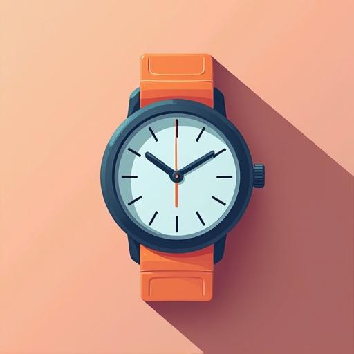 High-quality flat cartoon vector illustration of a modern watch. The watch is centered with clean lines and solid colors. Background is in contrast color. Minimalist style with no text or outlines. Shadows are absent.