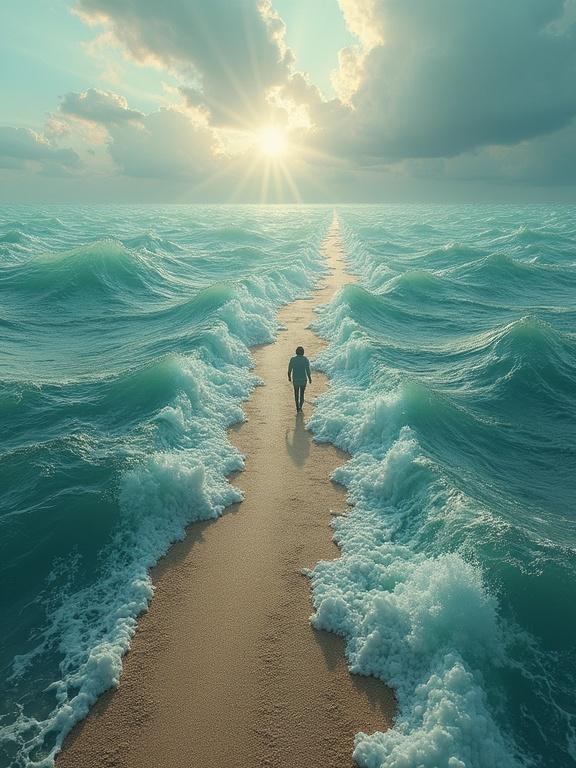 Surreal image rich in symbolism depicting a person walking on a dry path through turbulent sea waves. The path is being created by a giant pencil eraser that erases the sea, inspired by the biblical story of Moses parting the Red Sea.