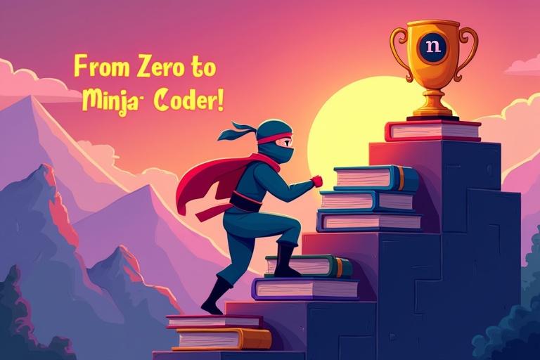 Colorful cartoon-style thumbnail depicting a ninja climbing a staircase of books, laptops, and coding blocks. The determined ninja moves toward a glowing trophy with the Ninja Code Academy logo. Background features a sunrise over digital mountains. Bright colors and clean lines used. Text reads 'From Zero to Ninja Coder!' in glowing neon at the top, friendly cartoon typography.