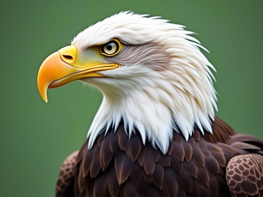 A stunning profile portrait of a bald eagle, showcasing its majestic features. The eagle's head is turned slightly to the side, highlighting its sharp, intense eye and curved yellow beak. Its white feathers are fluffy and striking against a dark brown body. The background is a soft green, which complements the colors of the eagle. The image captures the strength and grace of this iconic bird of prey.