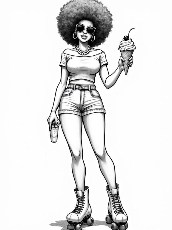 Character is tall, slightly curvy, exudes confidence and charisma. Features a natural afro, fitted off-the-shoulder t-shirt, high-waisted denim shorts. Wearing roller skates and oversized pearl necklace. Stands confidently with one hand holding an ice cream cone and the other on hip. Simple ice cream parlor background, minimal distractions, outlined in black ink with detailed line work. Overall aesthetic is hand-drawn and retro.