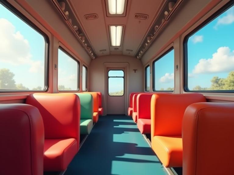 Animation features six colorful train seats shaking slightly. Train interior showcases bright colors and natural light.