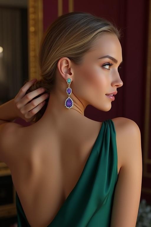 Generate an ultra-HD photorealistic image of a female model with honey-toned skin wearing gemstone drop earrings. Model has sleek blonde hair styled in a chignon. She is wearing a backless emerald green satin gown. The earrings feature a top pear-cut iolite stone and a bottom pear-cut aquamarine stone set in rose gold. The image is taken with a macro lens focusing on the earring. The background is a moody art deco design with gold accents.