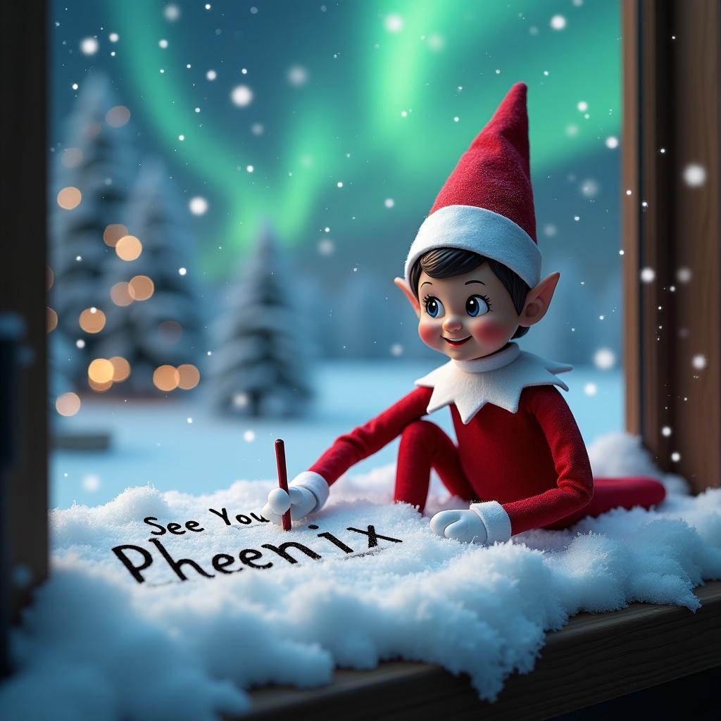 An elf on the shelf writes in the snow outside. Classic red outfit with white trim. Engaging smile. Background features northern lights. Snowy landscape creates a tranquil winter scene with holiday charm. Realistic, high definition.