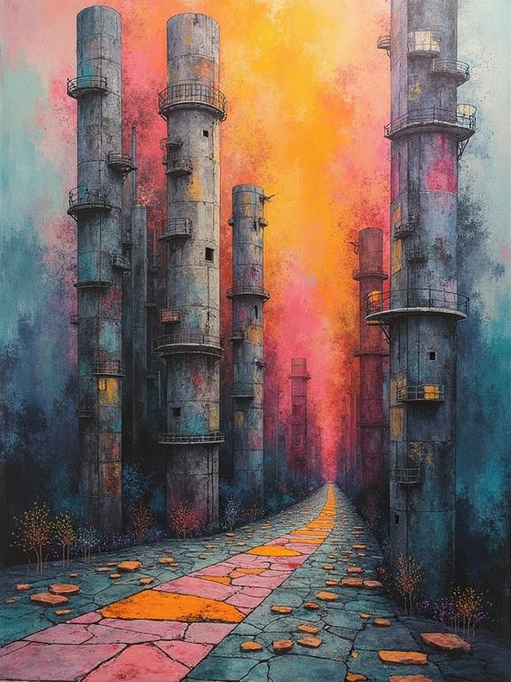 Contradictory architecture presented with cold chrome and melting clay bricks. Surreal avatars inhabit the scene. The artwork is filled with color burn light, optical illusions, numerology glyphs, and watercolor halos. Heavy textured impasto paint layers create a fragmented appearance.