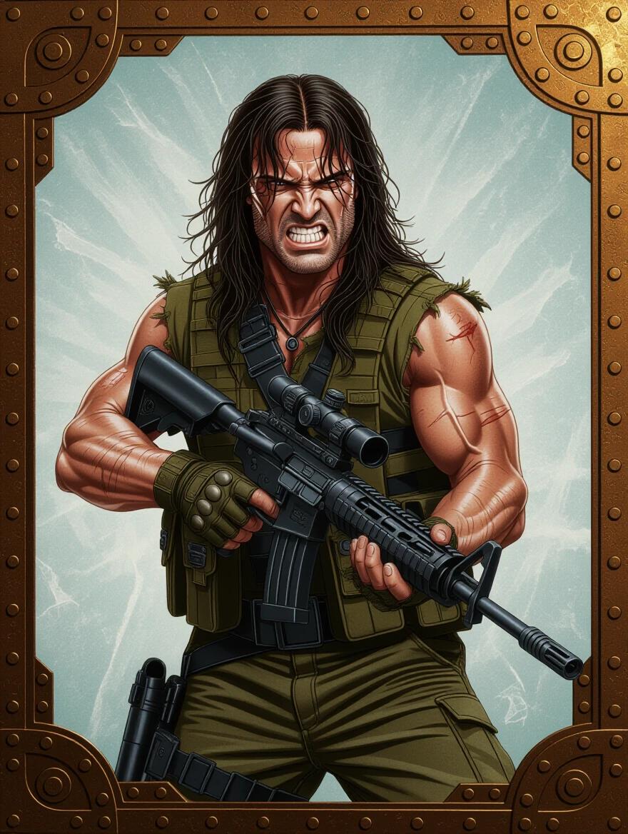 A young muscular character holds a large gun. Character has long hair and an angry expression. The style is sci-fi with ornate rivets. The background has a glowing or bright aura.