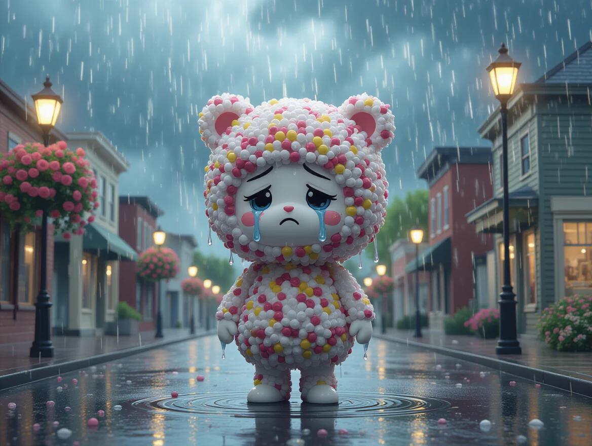 Visualize an adorable humanoid figure made entirely of pom-poms. The figure appears sad and is soaked with raindrops. It stands alone on a small town street, surrounded by a stormy sky and drooping flowers. The composition is meant to evoke empathy and cuteness amidst a dramatic backdrop.