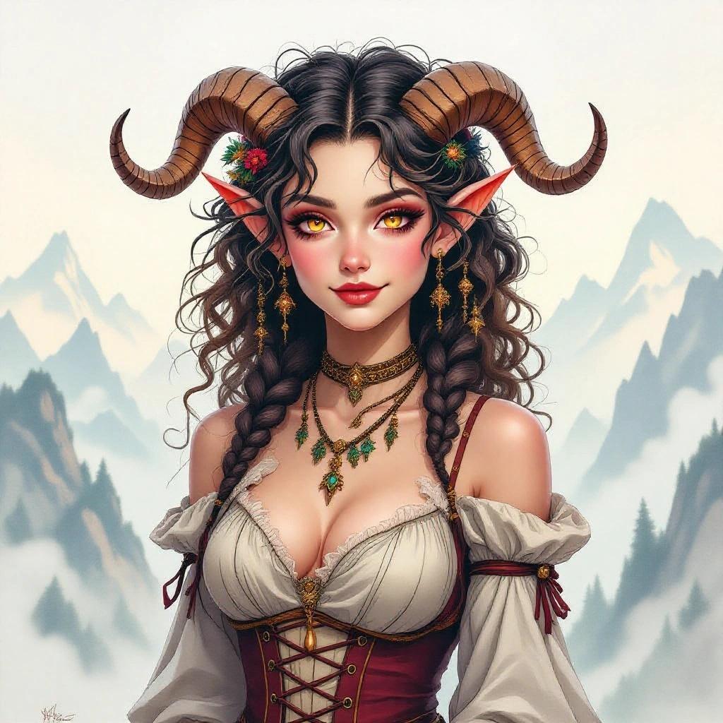 Watercolor style portrait of a female satyr dhampir bard with enchanting charisma. She has a delicate face with mischievous glowing eyes, curly wild hair in braids, small curled horns, and soft pointed ears. She wears bohemian jewelry and layered flowing clothes, showing subtle vampiric features and elongated fangs. Warm smile with a misty mountain peak background and eerie fog.