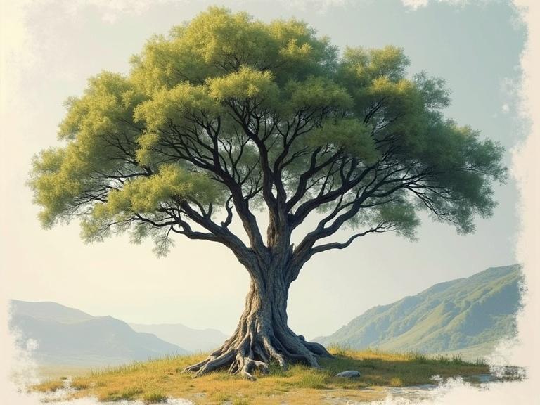 Modern poster art depicting a realistic columnar tree. The tree has lush green leaves and a strong trunk with visible roots. Background shows rolling hills and soft natural lighting. Designed for calm and serene aesthetics.