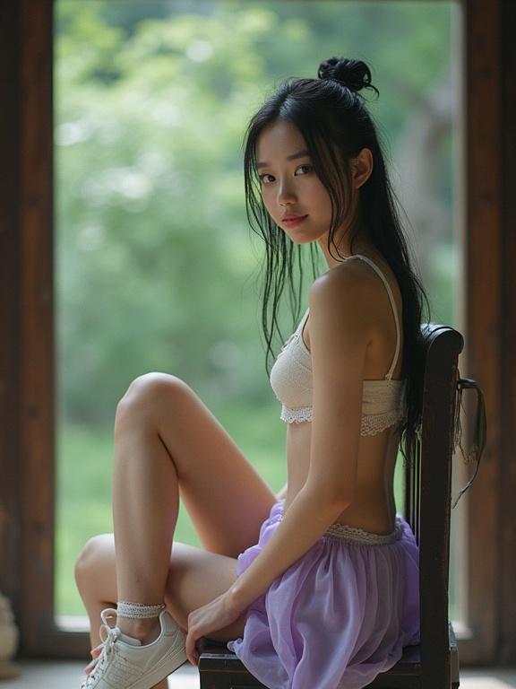 Grungy analog photo of a petite girl in a Qin Dynasty garden. Girl sits on a chair in front of a large mirror with legs crossed. She wears a purple mini skirt and cream bra with lace. White stockings and sneakers complete her look. Hair is tied back, eyes are glossy and blue. She smiles softly at the camera. Flash photography gives an overexposed look. The image has lens dust and film grain, evoking early-2000s nostalgia.
