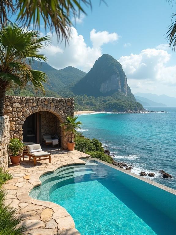 Small stone house on a mountain on a sandy island painted white and blue by a tropical beach with a swimming pool and a diagonal top view.