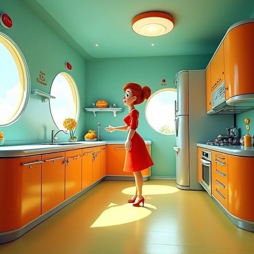 Illustration of a colorful Jetsons kitchen with Jane Jetson and Rosie the robot. Bright and streamlined designs. Cheerful atmosphere with bubble-shaped windows and automated gadgets. High-key lighting and organized space.