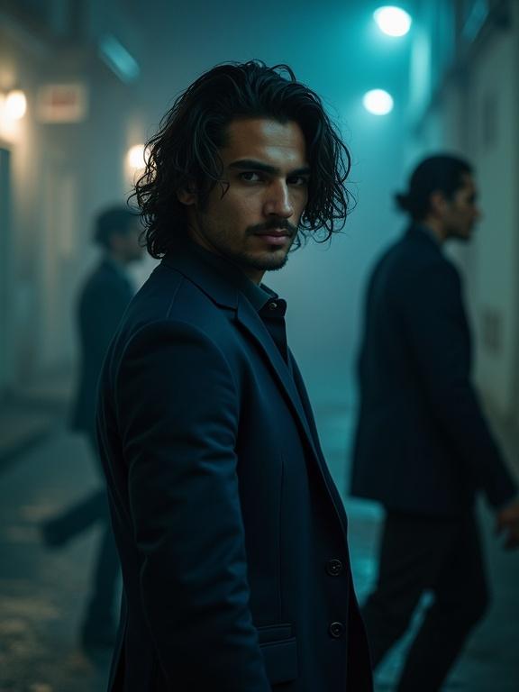 Photorealistic image depicting a handsome Latin man with thick wavy hair and dark blue clothing in a gritty setting with mysterious atmosphere. Three gunmen in scene contribute to tension. Strong contrasts and moody lighting enhance the image.