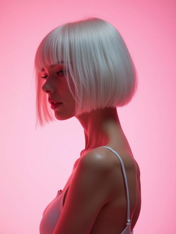 Young model with a white bob hairstyle in profile. Background features pink hues. High contrast and vibrant colors. Simple sexy clothing. Emphasizes beauty and aesthetics. Artistic and dynamic composition.