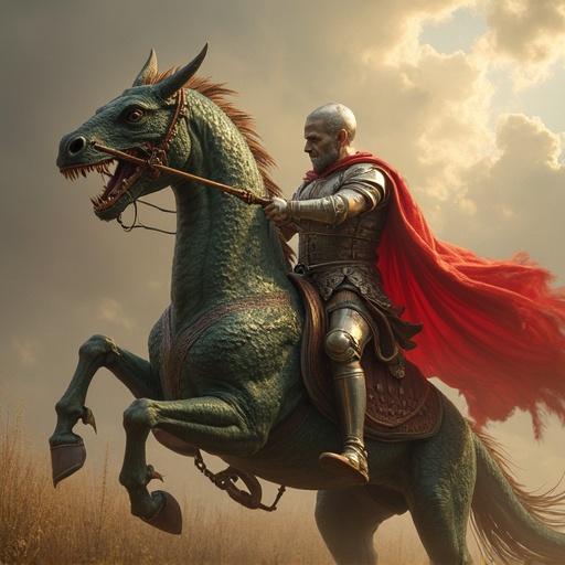 Knight on a horse in armor with a flowing red cape. The knight holds a sword ready to defeat a dragon. The scene is set in a dramatic landscape. The background shows a dark sky with the outline of a dragon.