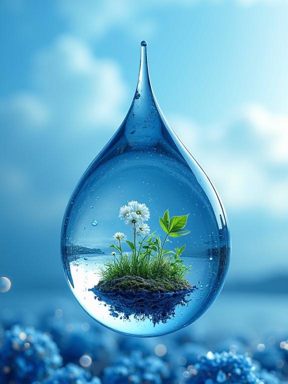 A shining blue water drop holds a miniature ecosystem with tiny plants and white flowers. The blue orb floats in the air against a blurred blue sky background. This scene illustrates the vital relationship between water and life.