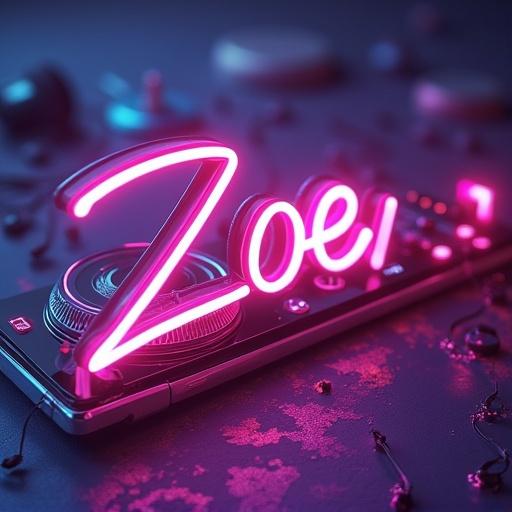 An image featuring a 3D glowing text 'Zoe' with musical elements around.