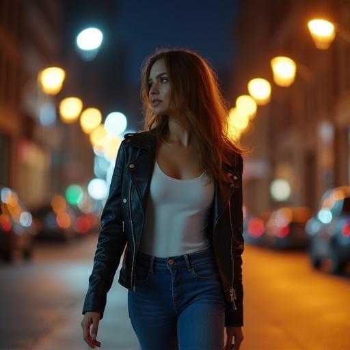 Young woman walks down city street at night. Wearing white bodysuit black leather jacket jeans. Captured with sultry expression looking over shoulder. Scene lit by warm glowing streetlights. Stylish minimal background cinematic lighting.