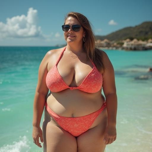 Model with fuller figure poses at the beach wearing a coral bathing suit. Background features ocean and sunny atmosphere.