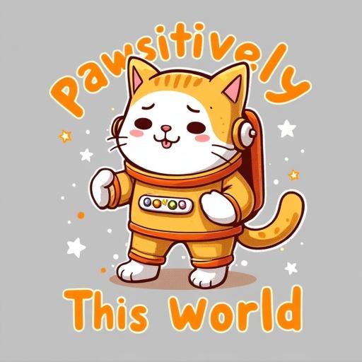 Motivational and humorous pet-themed t-shirt design. Features cartoon cat in spacesuit. Main colors are white and orange. Text reads 'Pawsitively Out of This World' in playful yellow font. Centered on transparent background. Clean vector style. Subtle star accents. High-resolution for printing.