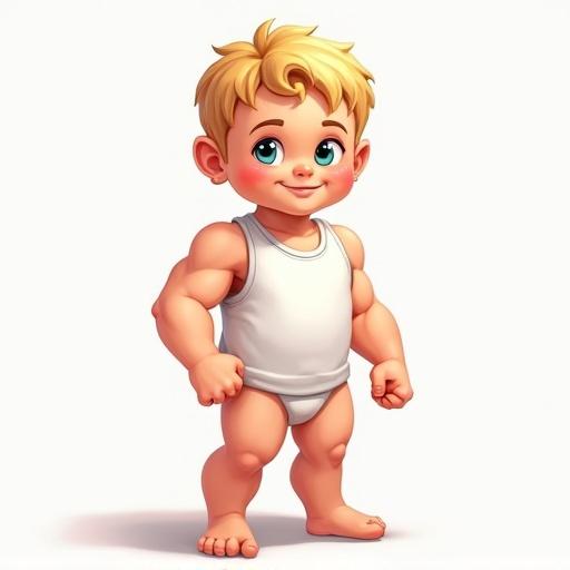 Cartoon of a 5-year-old muscular baby with blonde hair. Baby wearing a white sleeveless shirt. Baby stands confidently with a smile.