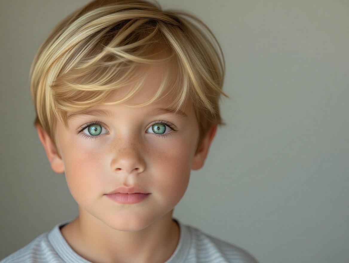 Captivating portrait of a beautiful 5 year old boy with short blonde hair. Soft lighting highlights enchanting expression. The eyes express warmth with a touch of turquoise green. Elegantly captured portrait.