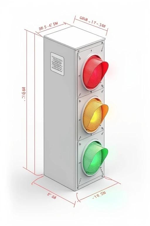 Outline of a rectangular box presented in isometric perspective. The object is a double-sided lighting panel resembling a traffic light. It showcases red, yellow, and green pilot indicator lights. Each side has three lights. Encased in a compact industrial-style box. Designed for educational purposes and demonstration only. Illustrates basic wiring concept and uses.