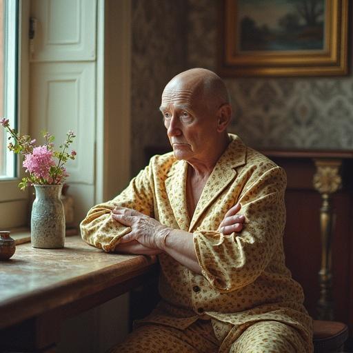 A man sitting at a table with a contemplative expression. He is wearing pajamas and is surrounded by soft light and floral arrangements. The background is a warm, inviting interior design.