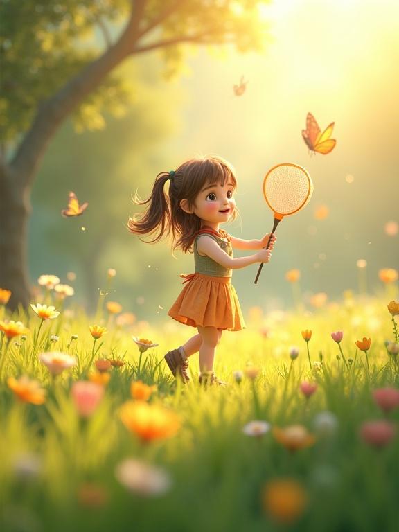 3D rendered illustration from a pop-up storybook. Young girl with a mischievous smile in a sunlit meadow. Holding a butterfly net. Eyes sparkling with excitement chasing a colorful butterfly. Meadow filled with blooming flowers and lush green grass. Soft golden light of early spring. High resolution. Stunning composition. Magical atmosphere.