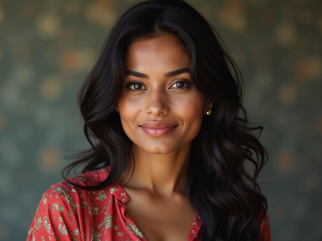 British lady from Bangladesh with a youthful look. High-quality portrait photograph. She is smiling and engaging with the camera. Her hair is long and dark. The background has a subtle pattern and muted colors.