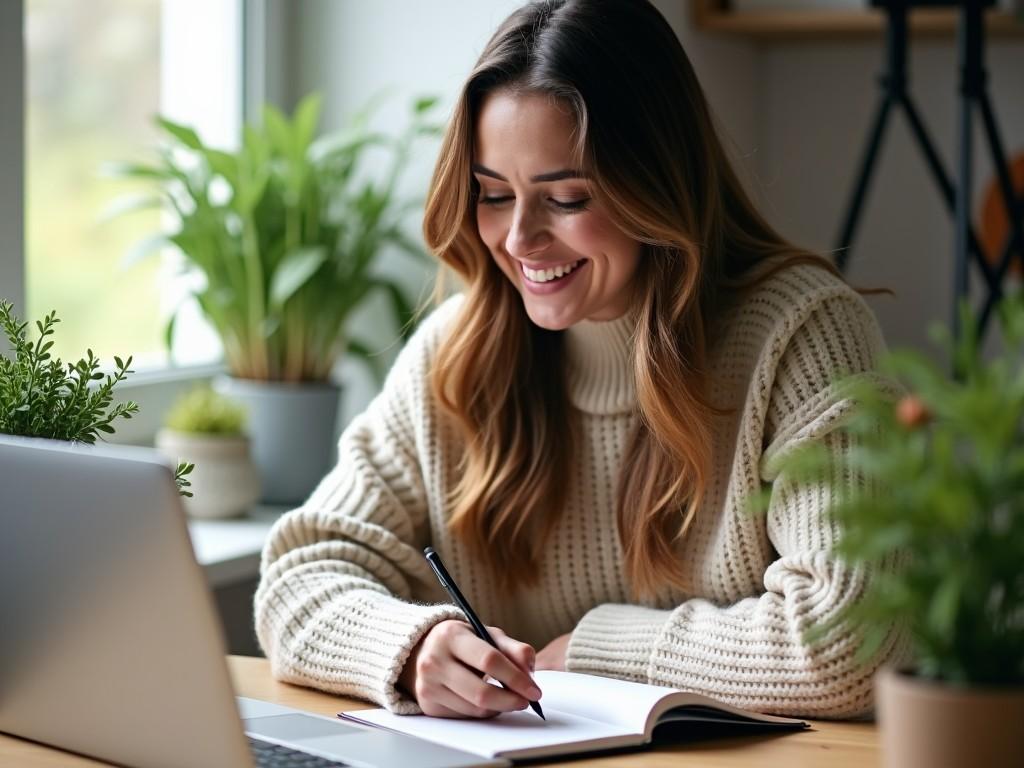 A woman sits at a wooden desk in a cozy home office environment. She has long, wavy hair and is wearing a warm, cream-colored sweater. With a joyful smile, she writes in a notebook, surrounded by plants and a laptop. The scene is brightened by natural light flooding in from a window, creating a serene and productive atmosphere. On the desk, various greenery adds to the calming feel of the space. This image captures the essence of remote work and personal productivity.