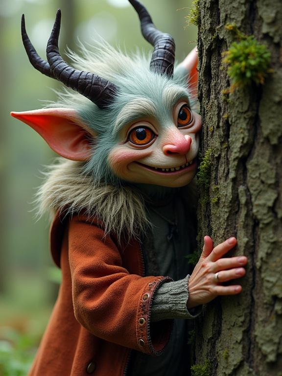 Adorable troll hides shyly behind an old tree in an enchanted forest. Mischievous grin on face. Wears self-made clothing of fur and leather. Vivid, bold colors and whimsical fantasy style.