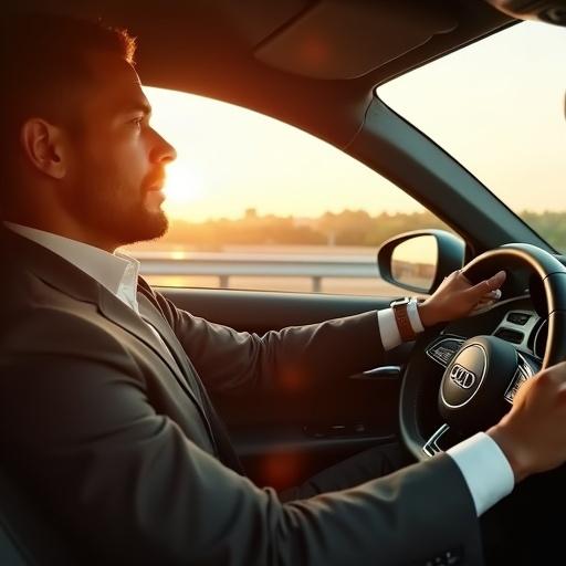 Man driving an Audi sedan on the highway during golden hour. Professional attire and focused expression. Luxury car interior visible. Motion blur in the background. Cinematic composition with sharp details.