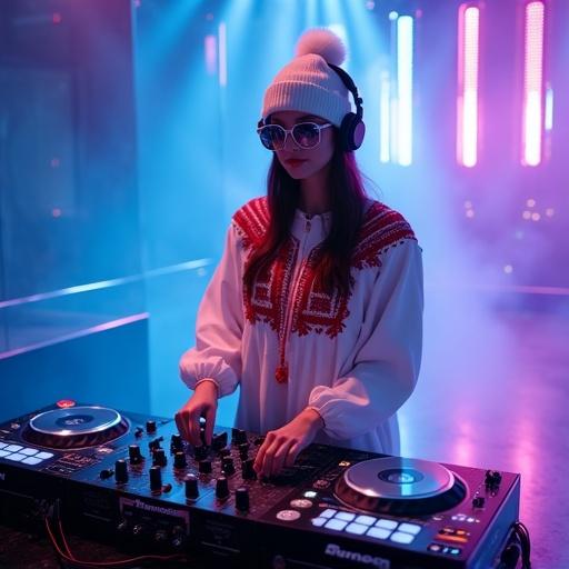 High resolution photo featuring a Ukrainian DJ in a white vyshyvanka at a DJ desk. She wears a white hat and black headphones. Lighting showcases blue and purple laser beams in a foggy nightclub with modern decor. Focus on DJ's actions at the console with nightclub ambiance.