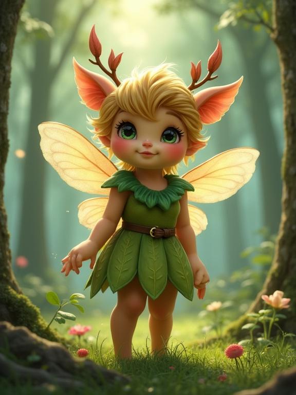 Adorable faeling character design featuring fairy wings standing in an enchanted forest with soft sunlight