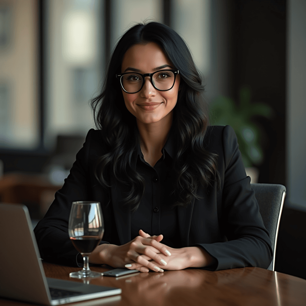 A confident woman in a business setting with a glass of wine and a laptop.