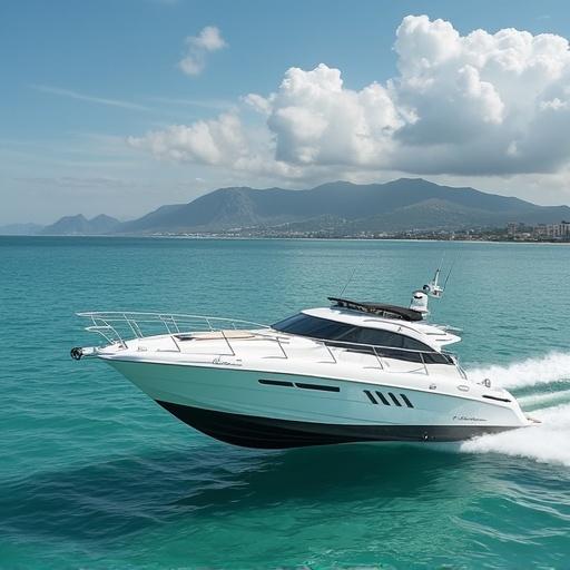 A sleek white yacht gliding across the blue ocean under bright skies. Mountains visible in the background with a coastal city.