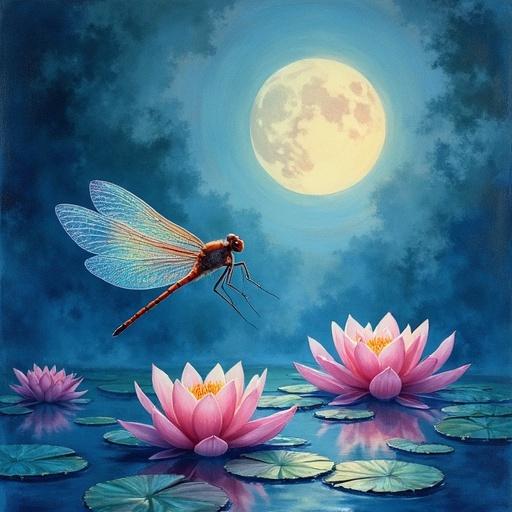 Translucent dragonfly hovers over floating water lilies. Iridescent wings shimmer in the moonlight. Gentle ripples create dreamy reflections. Impressionistic style with cerulean and rose hues.
