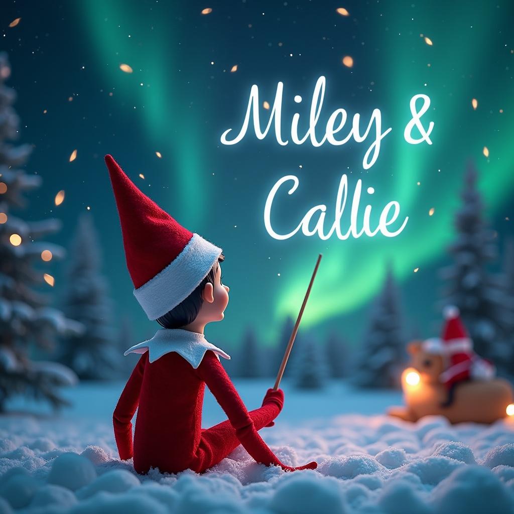 An enchanting Christmas scene featuring an elf on the shelf. The elf sits with its back to viewers, gazing upwards. It uses a wand to write the names 'Miley' and 'Callie' in the sky. The background features stunning northern lights and a distant image of Santa Claus. Snow blankets the ground, creating a serene winter wonderland. This magical moment captures the essence of holiday joy and wonder.